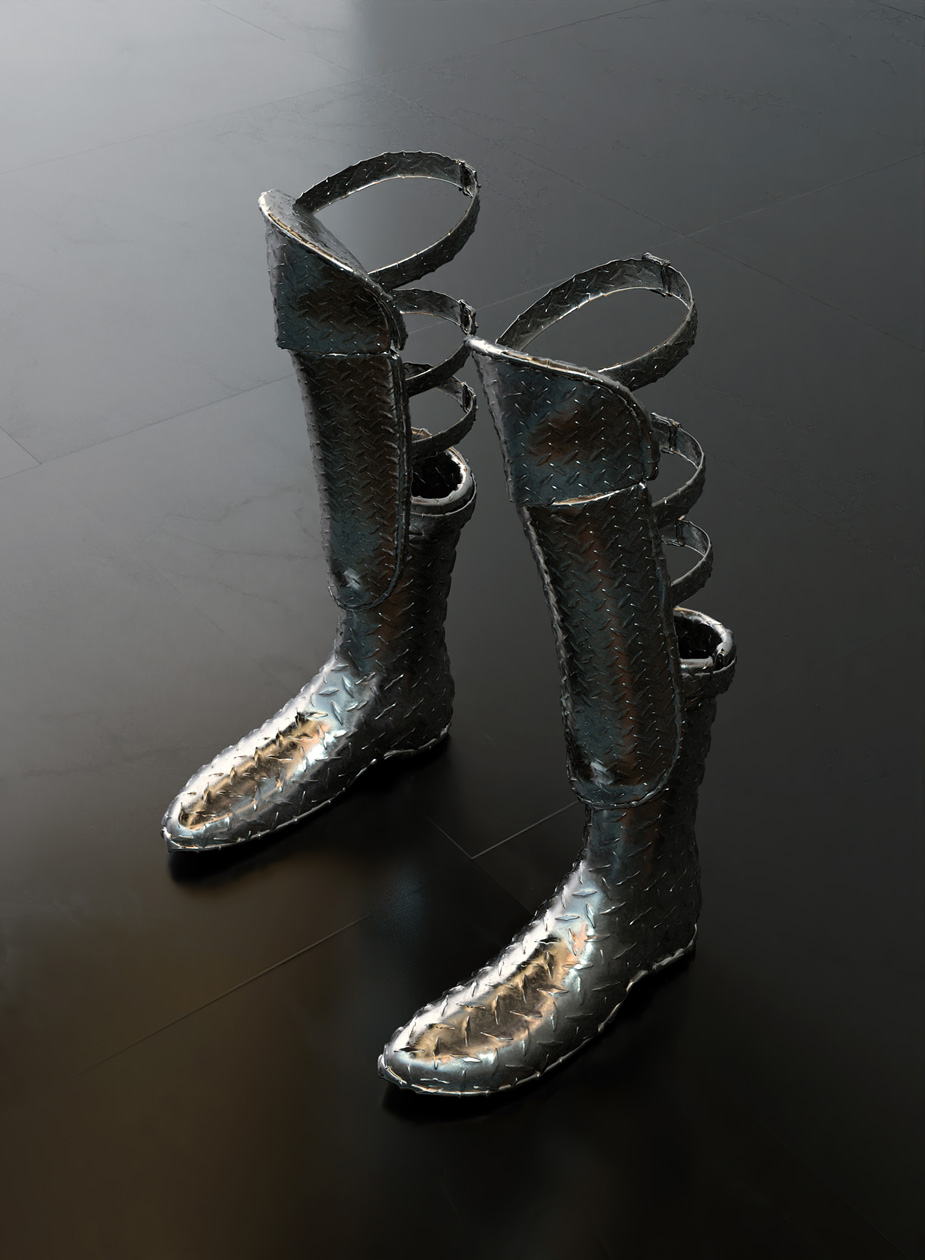 A pair of tall medieval boots standing alone on a sleek grey floor
