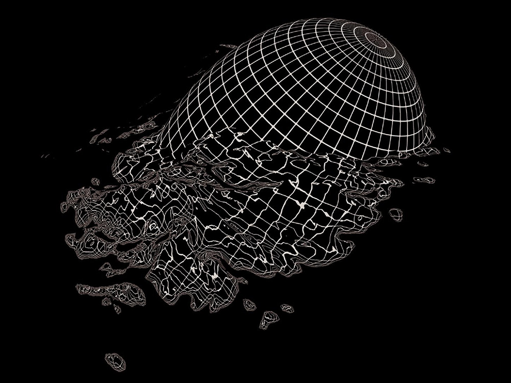 Gridded spherical object, with gridlines melting into black