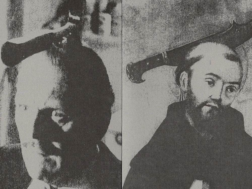 A modern photograph paralleled with a traditional painting of a man whose head is connecting first with a hammer, then a large knife