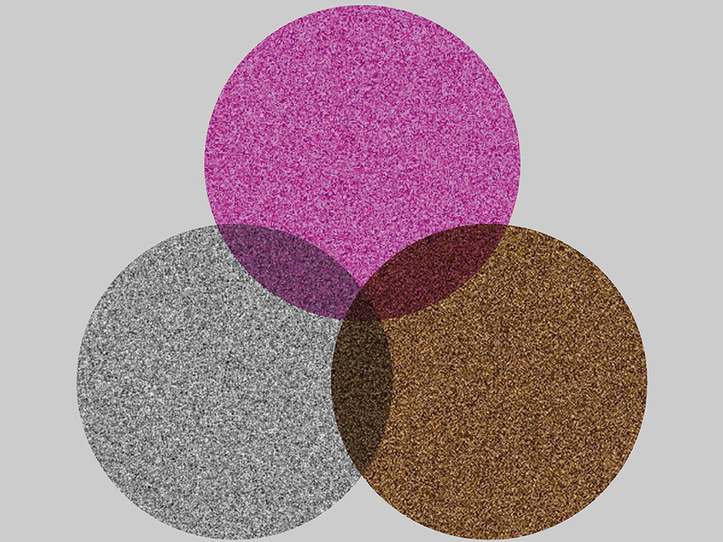 Three interlocking circles textured with noise static. The circles are pink, white, and brown