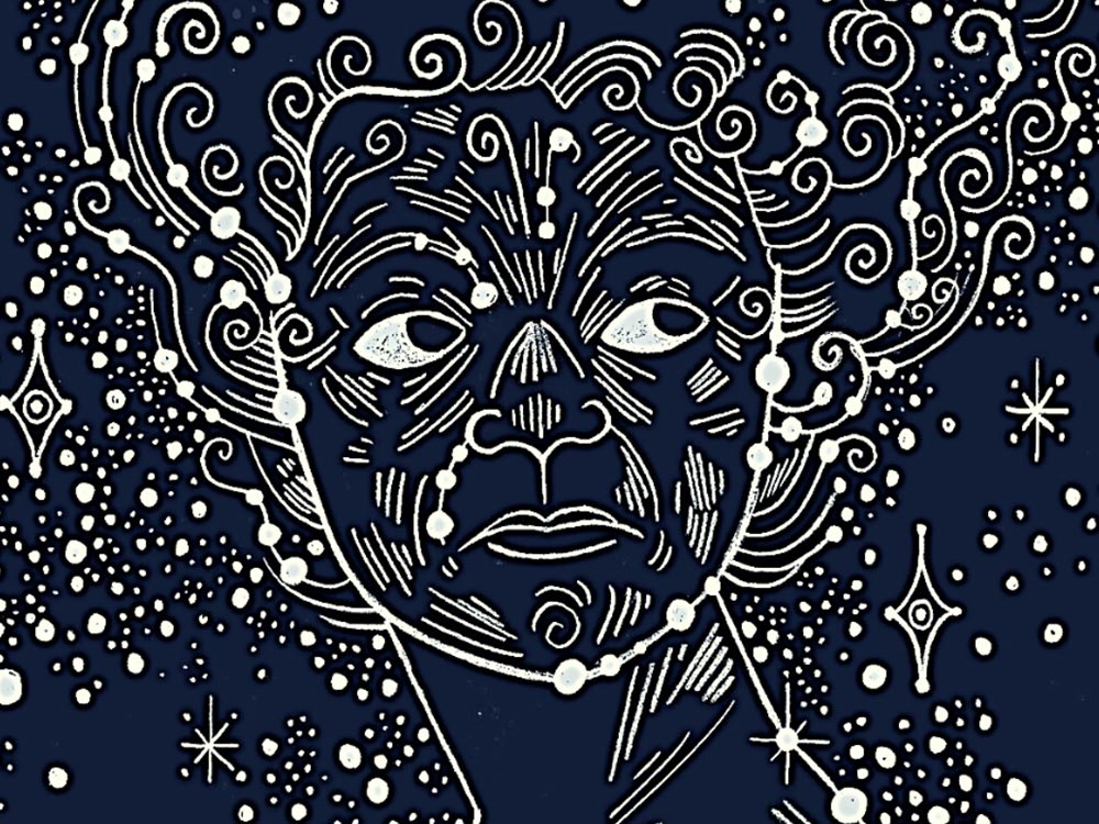 An illustration by Candice Purwin of a woman's face made of constellations against a dark blue night sky