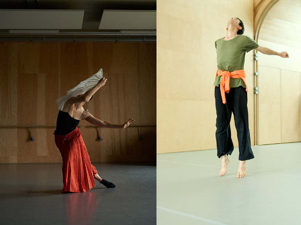 Two separate photographs of people dancing alone. On the left, a person in a black singlet top and vibrant orange-red skirt holds a cloth and makes a pose. On the right, a person in casual clothes jumps up high