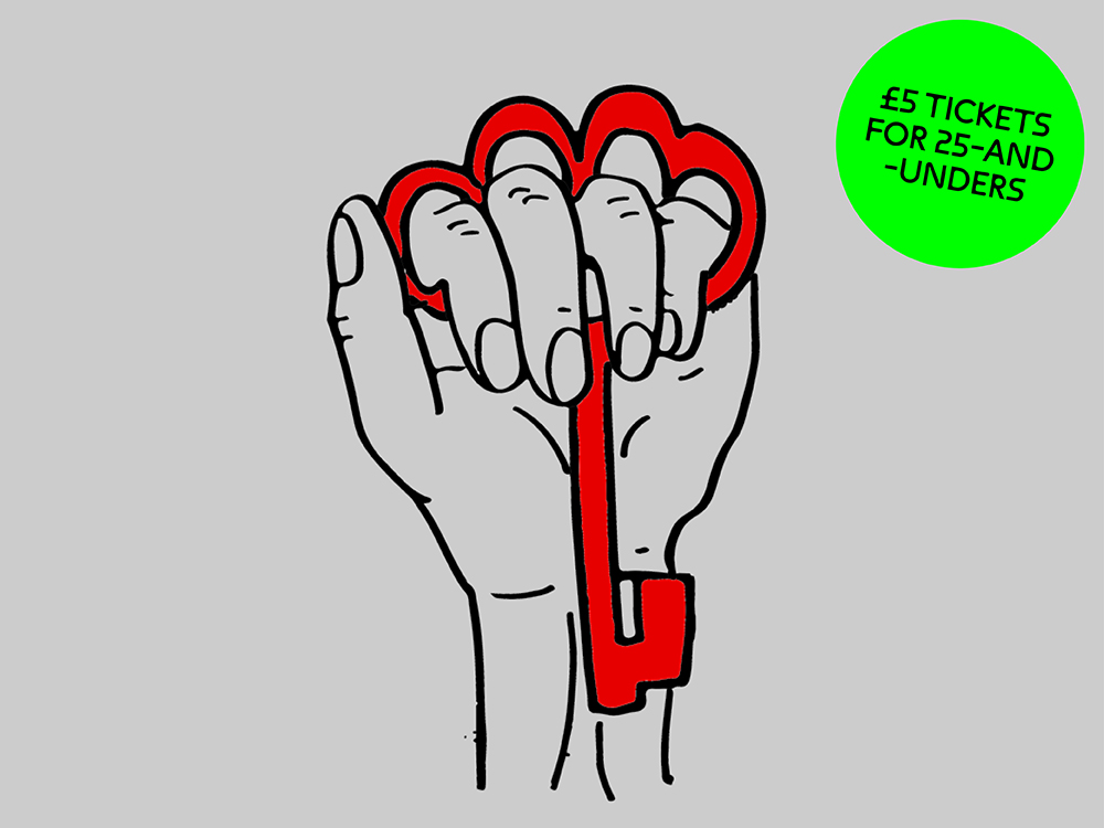 A red key in the shape of a knuckleduster is held by a cartoon outline hand