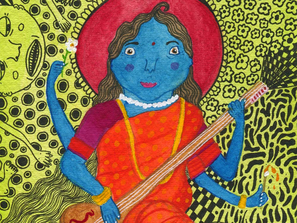 A cartoon blue-skinned god with multiple arms holding a sitar. The background is yellow, with symbols like eyes, flowers and dashes