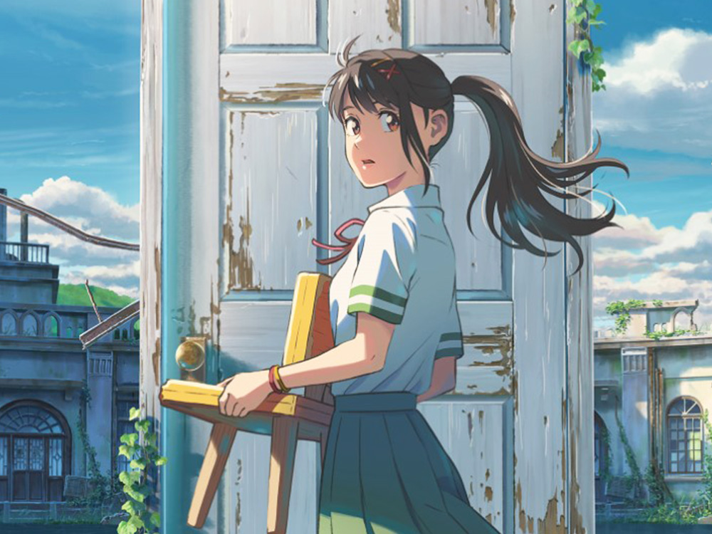 In Japanese anime style, a young school girl carrying a chair stares at the camera as she prepares to walk through a door portal, in front of a destroyed building