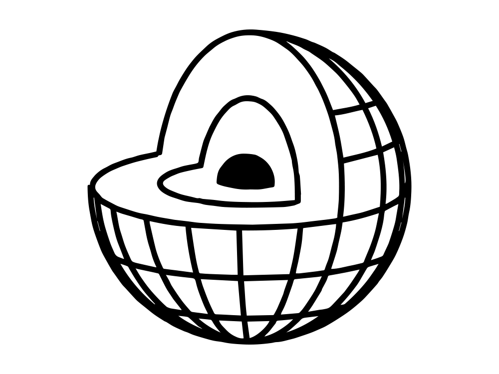 An outline of a globe made of grids, with a wedge cut out and the core visible at the centre
