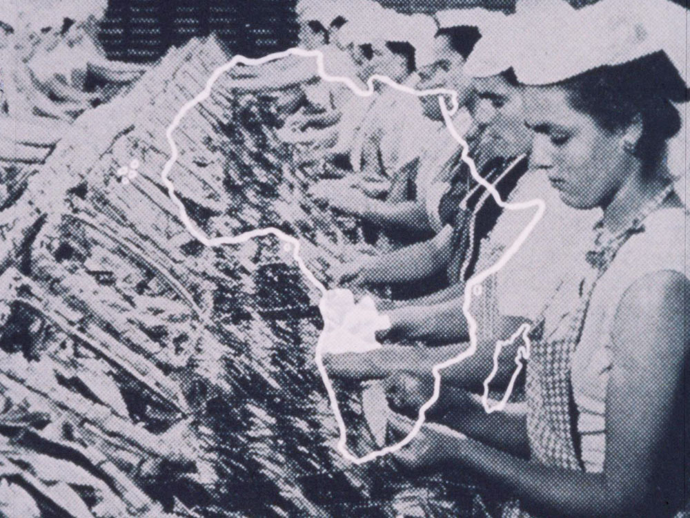 A line of workers in a factory, overlaid by an outline of the continent of Africa