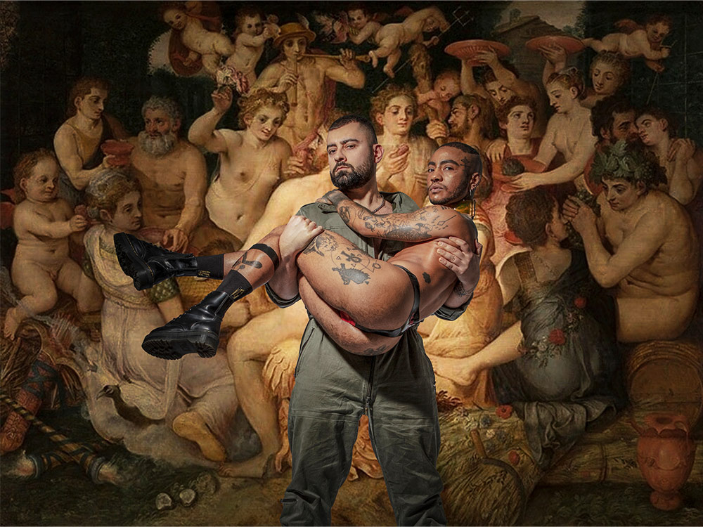 A Turkish man in a tracksuit carries another person in black boots and leather underwear. They're in front of a huge classical painting