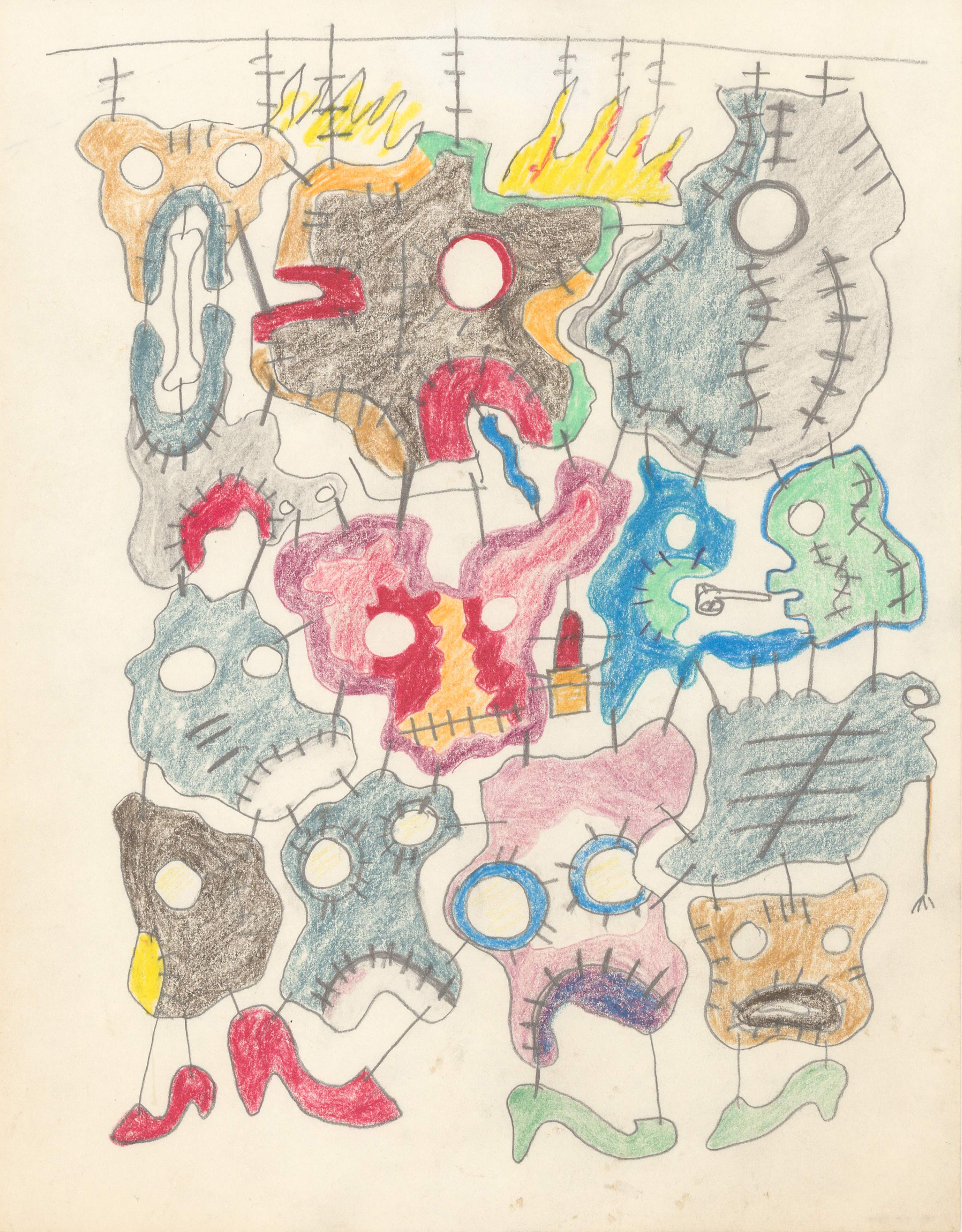 One of Moki Cherry's sketches on paper. Coloured and stitched irregular shapes, like blobs or stones, stitched together, in a palette of solid pastel colours
