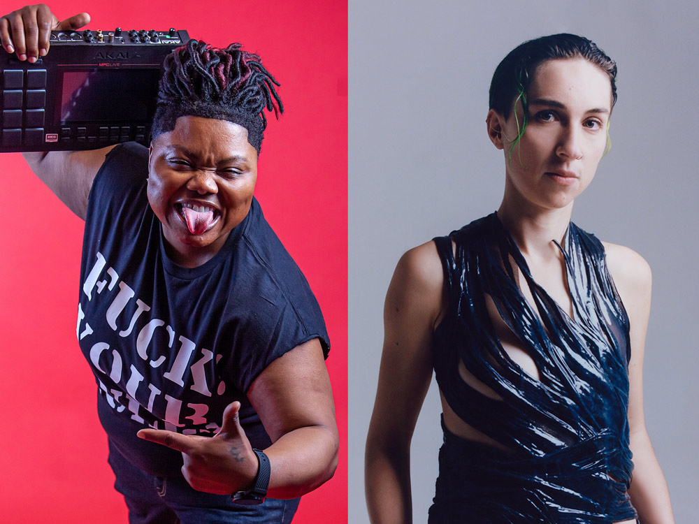 Side by side photos of Jana Rush and Zoe Macpherson. Jana is a black woman, sticking her tongue out, carrying an MPC drum machine like a boombox. Jana has a green dyed fringe and a sleeveless black shiny top