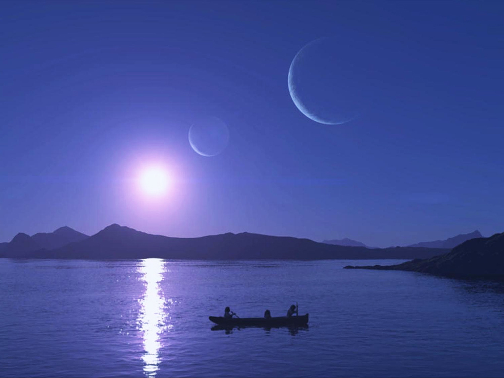 A boat of pearl divers traverses a silver-purple lake. In the sky, the sun casts a long reflection into the water, and two moons float