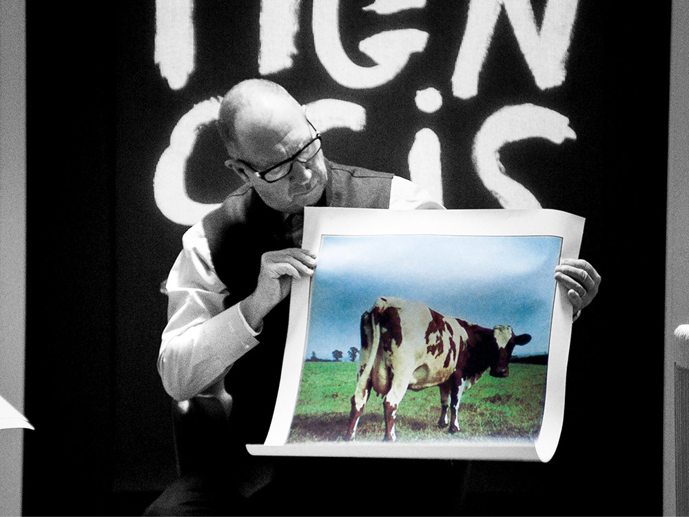 A man, in black and white, holding a photo of a cow, in bright colour