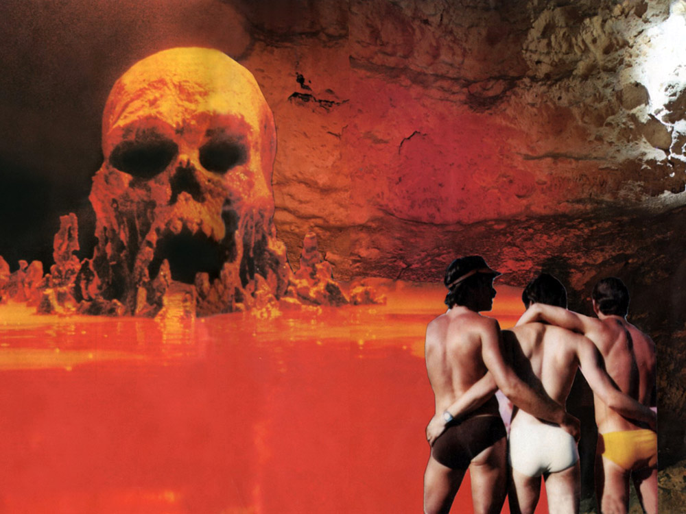 A collage of three men wearing colourful underwear stearing at a cave shaped like a gaping skull, on a red lake inside a cave