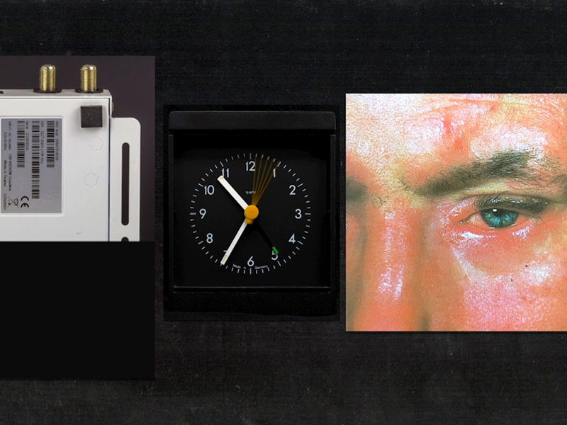 Three photos against black: a power plug-looking device, an analogue clock, a close-up of an eye