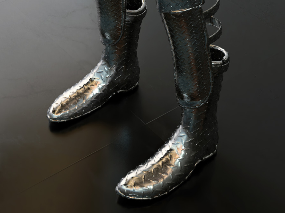 A pair of tall medieval boots standing alone on a sleek grey floor