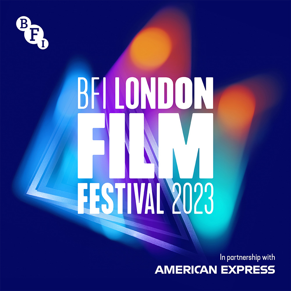 The text BFI London Film Festival 2023 against a graphic of colored lights and geometric shapes