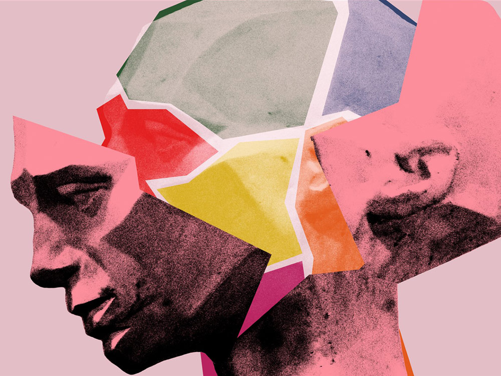 Colourful wedges marking areas of the brain overlapped on a pink statue head