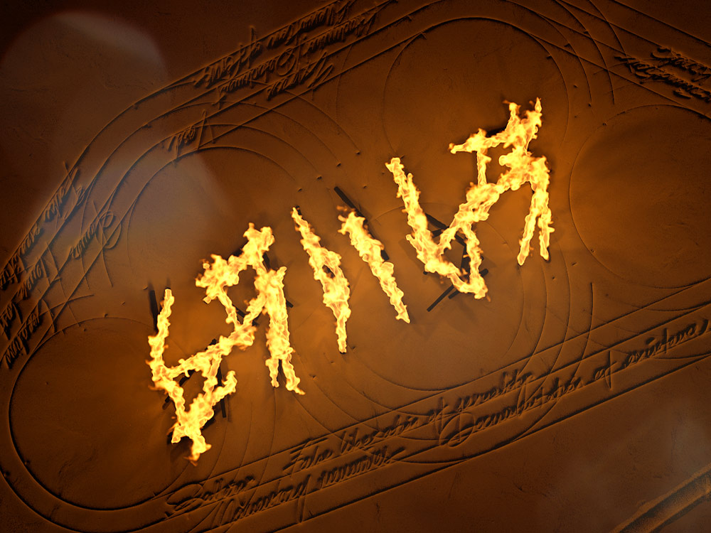 A single word sketched in fire against a brown surface with rune-like circles and cursive writing