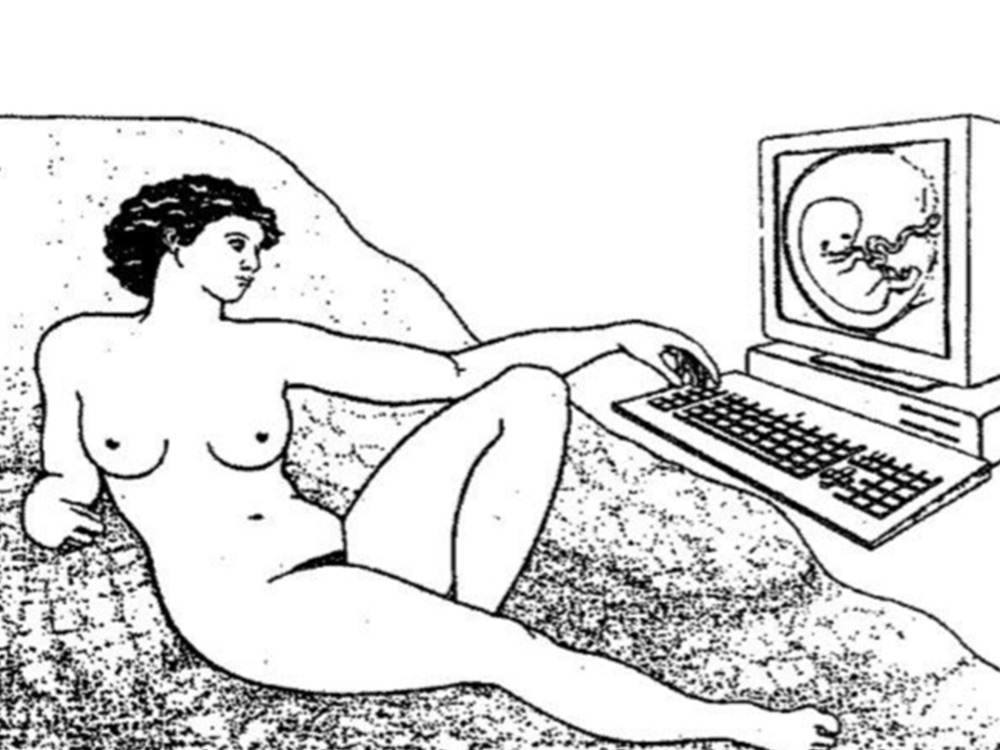 A sketch of a nude person using a computer keyboard and monitor which is displaying foetus inside a womb