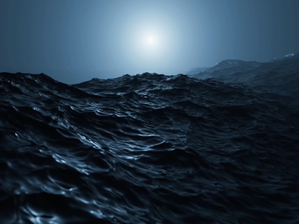 A dark and stormy sea rages under moonlight