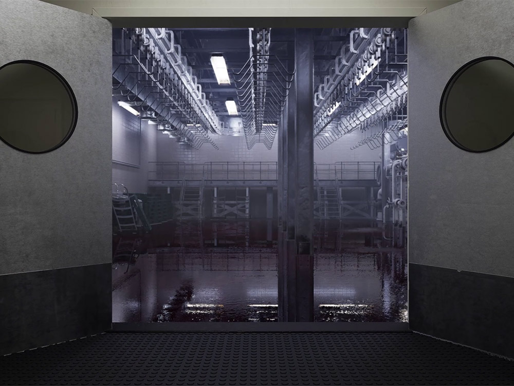 3D rendered abattoir doors open to a cold, metallic blue and grey slaughterhouse, empty of any corpses or blood