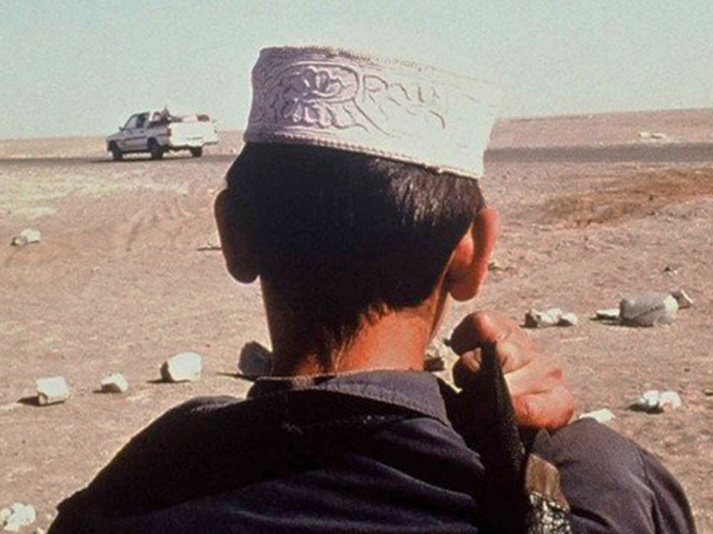 A young boy wearing a white hat looks out to the plains, with a white ute driving along the highway