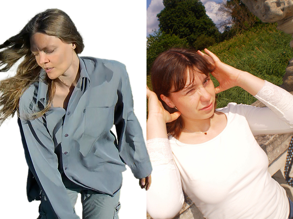 A side by side portrait of ML Buch, in a blue suit, and Astrid Sonne, standing in front of a grassy patch